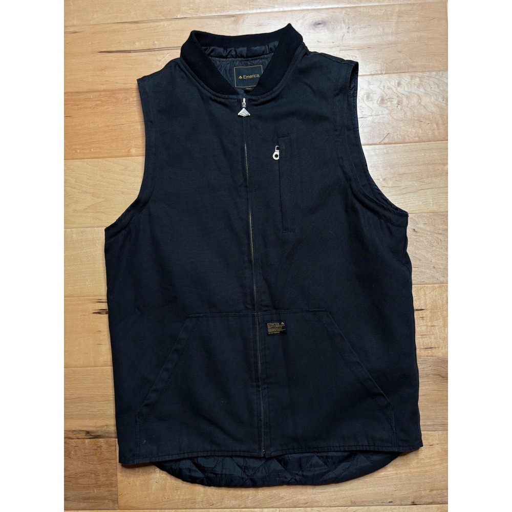 Emerica Canvas Workwear Vest Mens Medium Black Quilted Lining Full Zip Utility